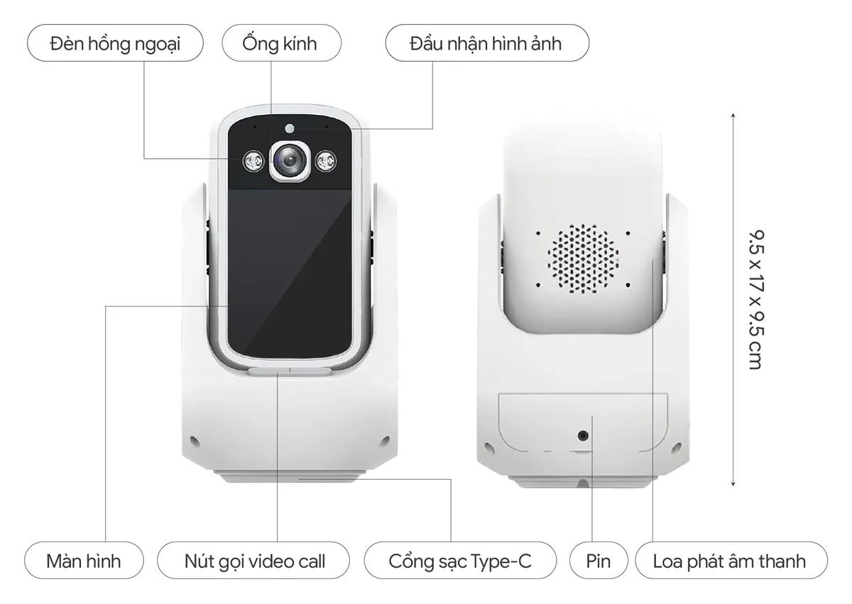 Cấu tạo camera DA8.1: màn hình, nút gọi video, cổng Type-C, loa, đèn hồng ngoại