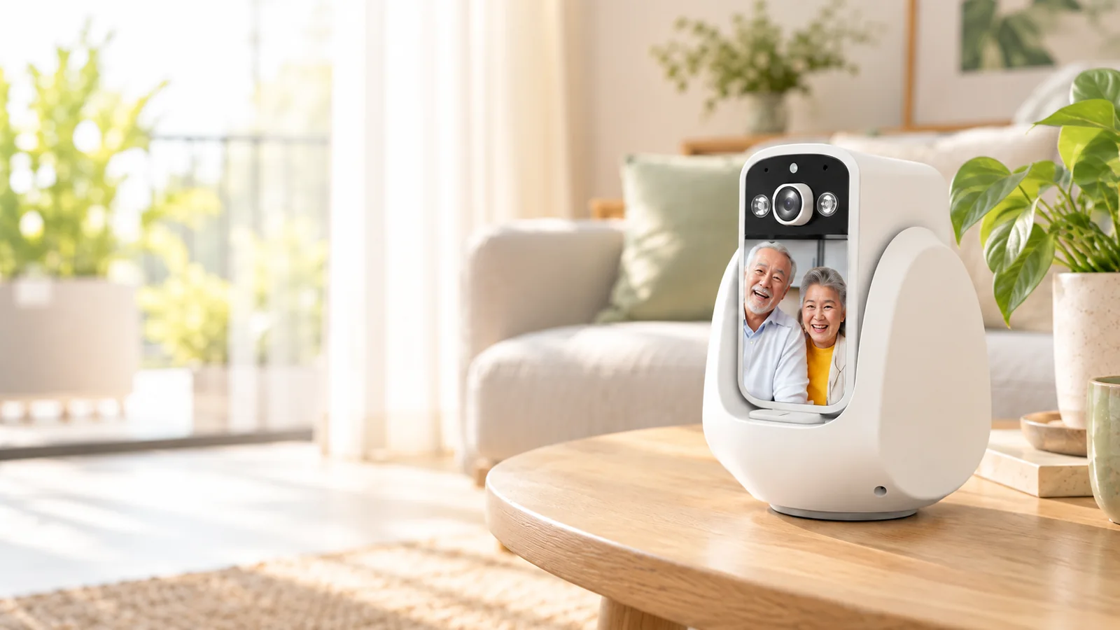 Camera DA8.1 đặt trên bàn phòng khách, màn hình đang hiện cuộc gọi video